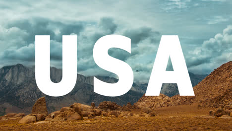 Berge-Und-Wüstenlandschaft-Im-Amerikanischen-Nationalpark,-überlagert-Mit-Einer-Animierten-Grafik,-Die-Die-USA-Darstellt